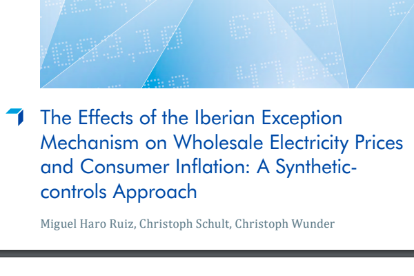 The cover of an academic paper with the title 'The effects of the Iberian Exception Mechanism on Wholesale Electricity Prices and Consumer Inflation: A Synthetic-controls Approach'